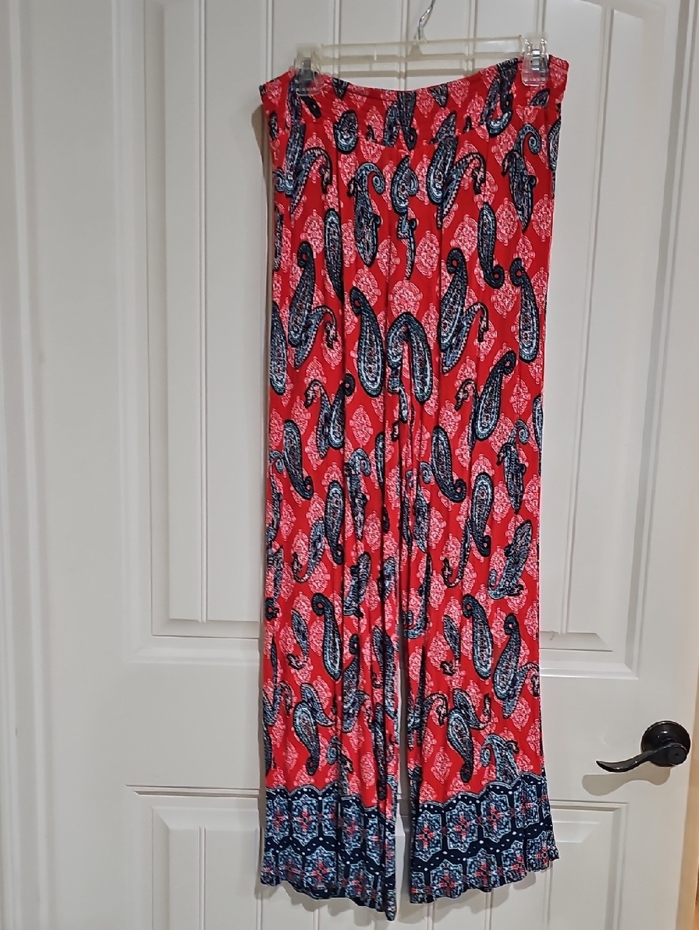 Red Paisley Flowy Pants with Navy Trim - Women